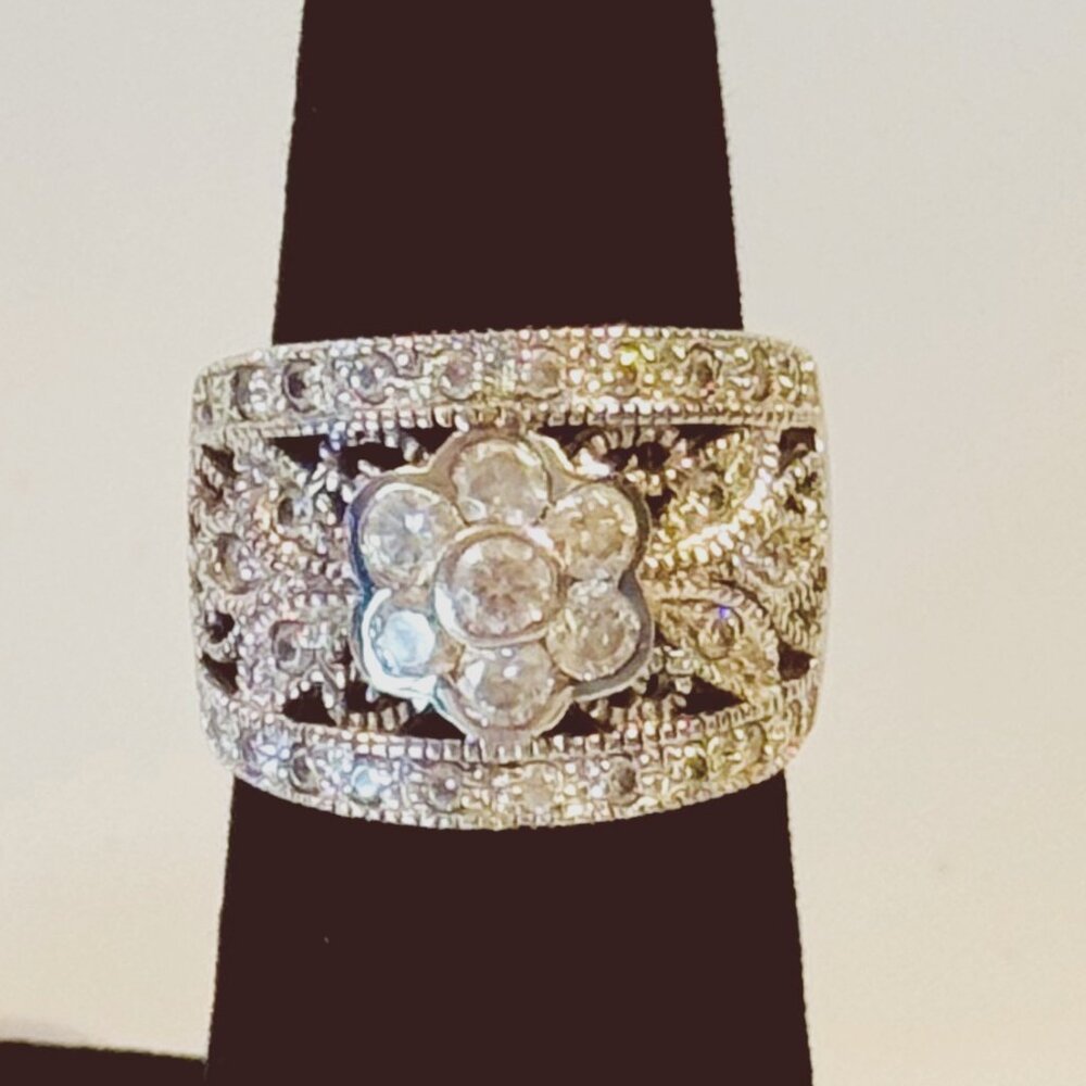 Diamonique Flower Filigree Ring